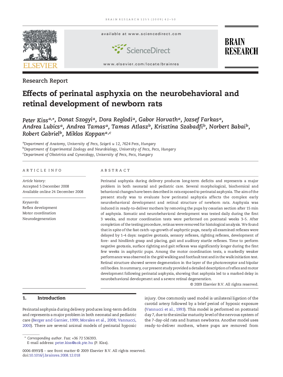 Effects of perinatal asphyxia on the neurobehavioral and retinal development of newborn rats