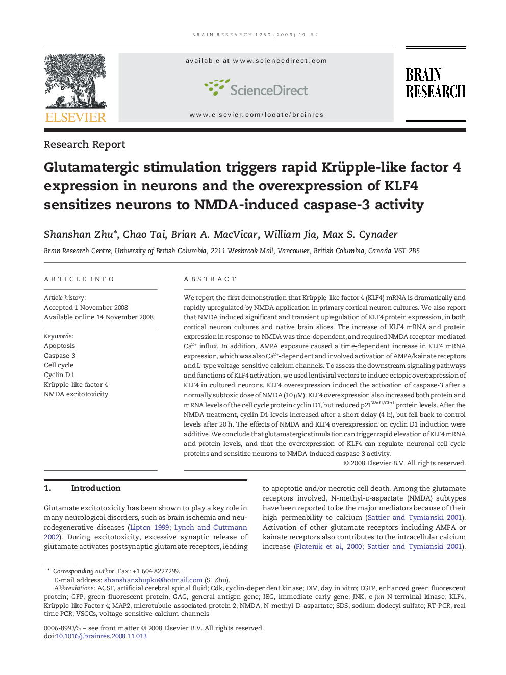 Glutamatergic stimulation triggers rapid Krüpple-like factor 4 expression in neurons and the overexpression of KLF4 sensitizes neurons to NMDA-induced caspase-3 activity