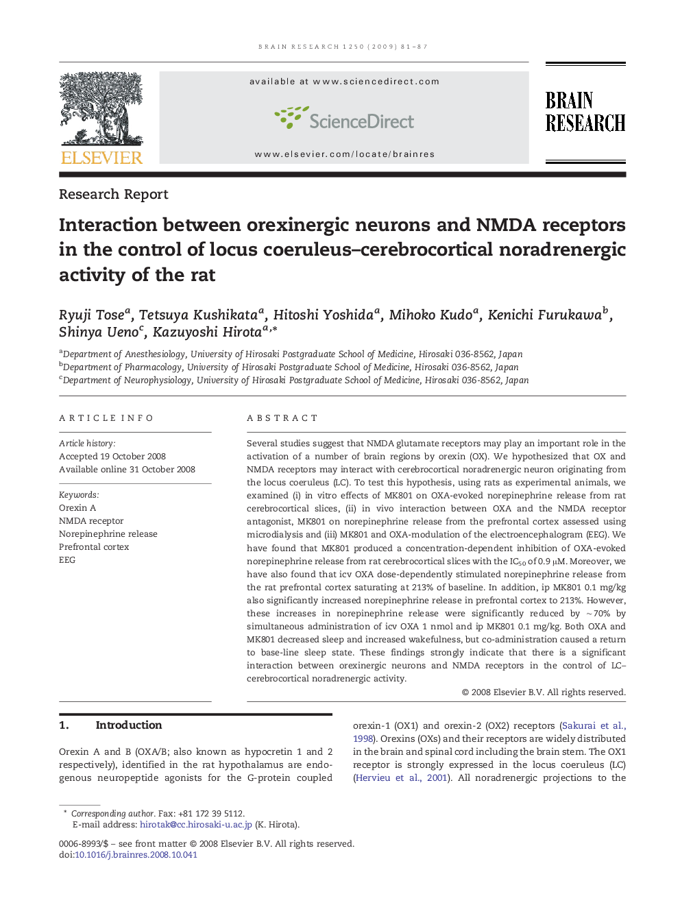 Interaction between orexinergic neurons and NMDA receptors in the control of locus coeruleus-cerebrocortical noradrenergic activity of the rat