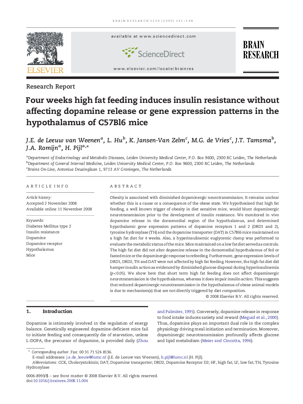 Four weeks high fat feeding induces insulin resistance without affecting dopamine release or gene expression patterns in the hypothalamus of C57Bl6 mice