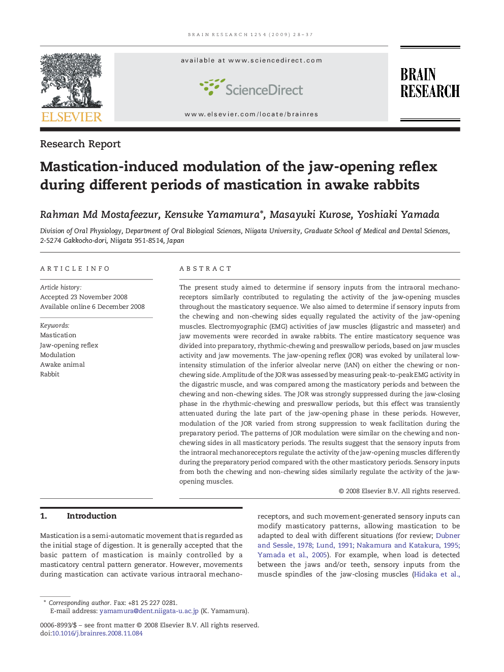 Mastication-induced modulation of the jaw-opening reflex during different periods of mastication in awake rabbits