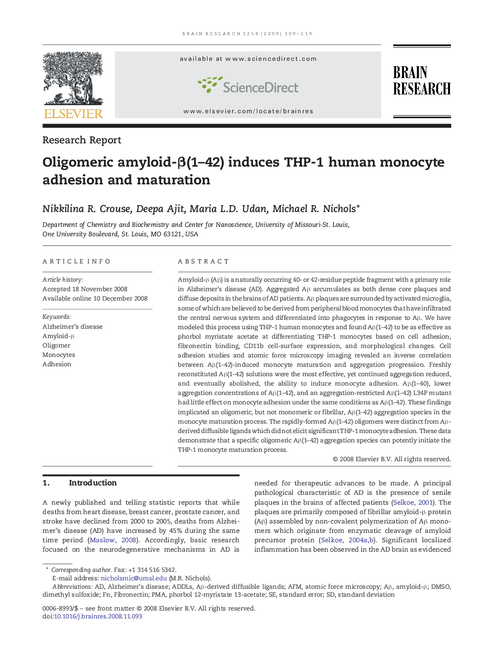 Oligomeric amyloid-Î²(1-42) induces THP-1 human monocyte adhesion and maturation