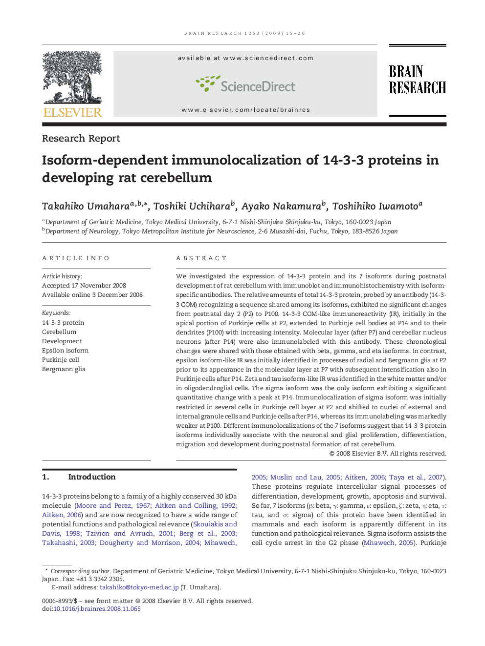 Isoform-dependent immunolocalization of 14-3-3 proteins in developing rat cerebellum
