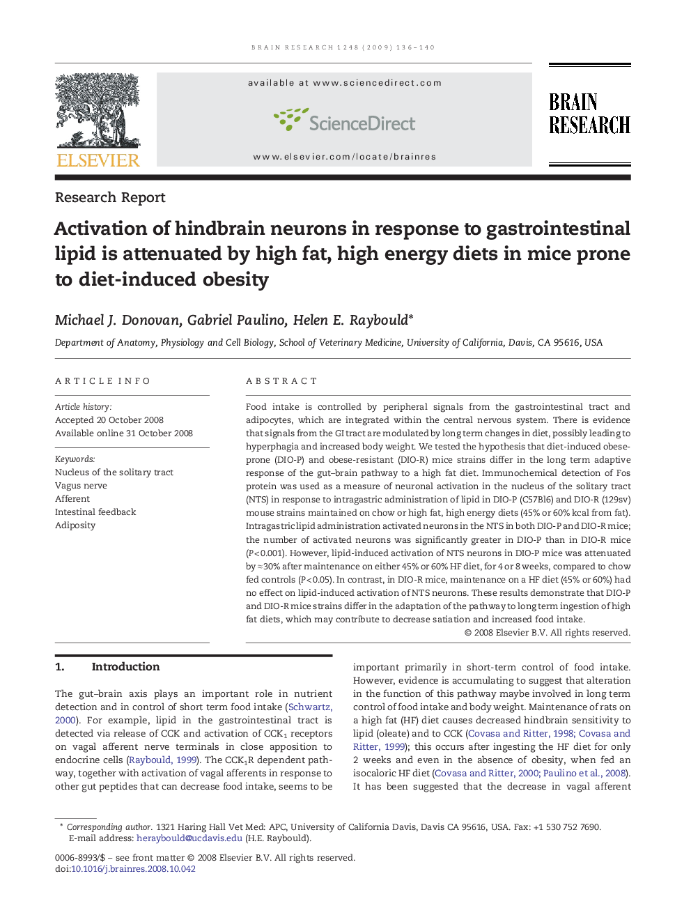 Activation of hindbrain neurons in response to gastrointestinal lipid is attenuated by high fat, high energy diets in mice prone to diet-induced obesity