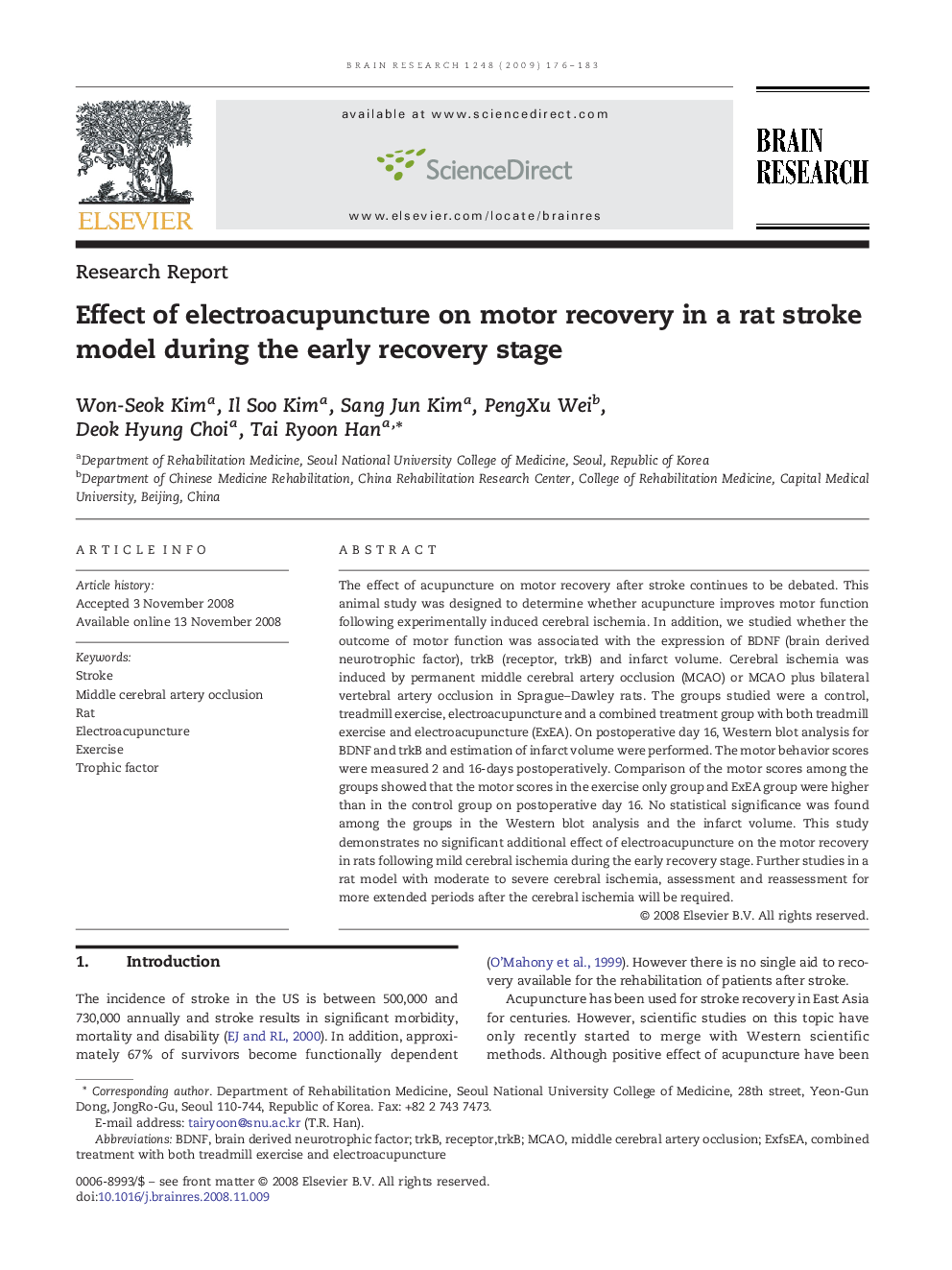 Effect of electroacupuncture on motor recovery in a rat stroke model during the early recovery stage