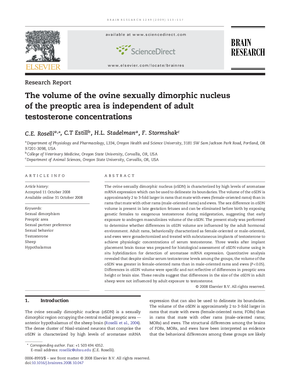 The volume of the ovine sexually dimorphic nucleus of the preoptic area is independent of adult testosterone concentrations