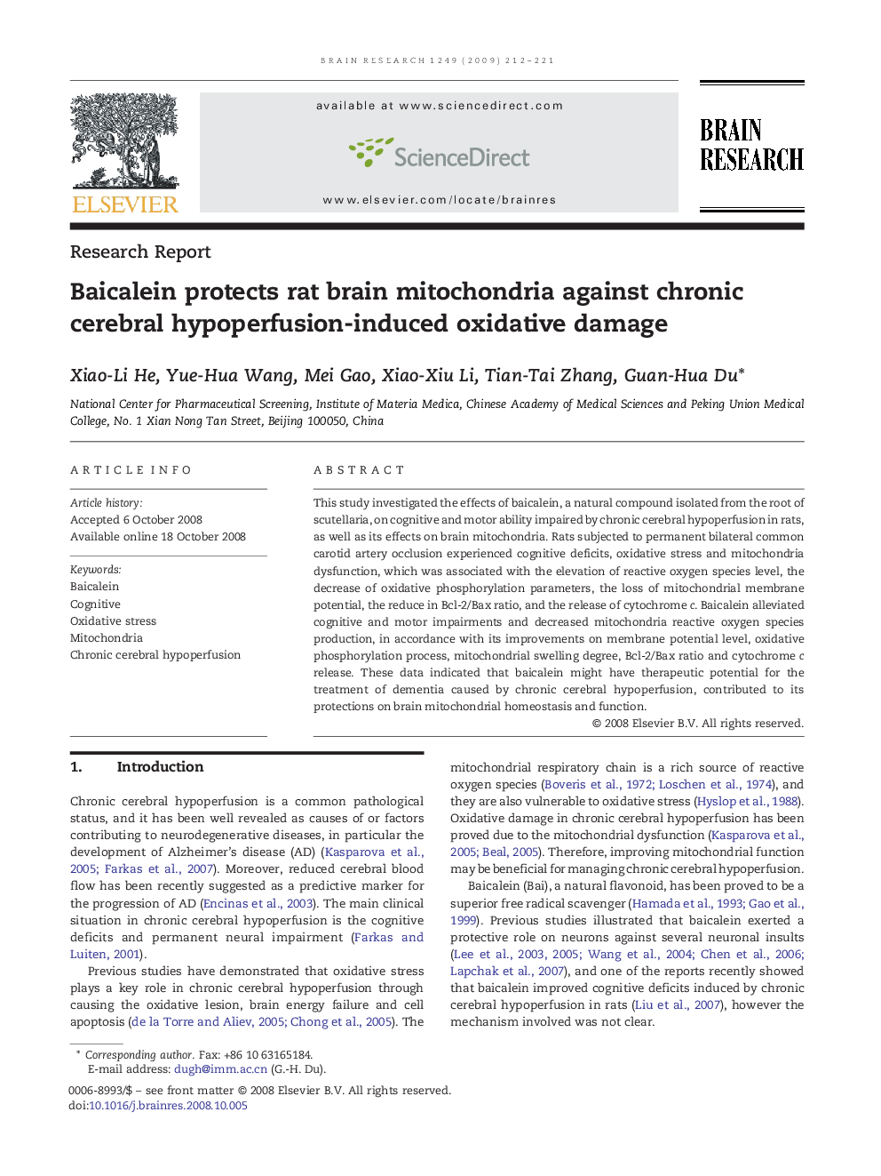 Baicalein protects rat brain mitochondria against chronic cerebral hypoperfusion-induced oxidative damage