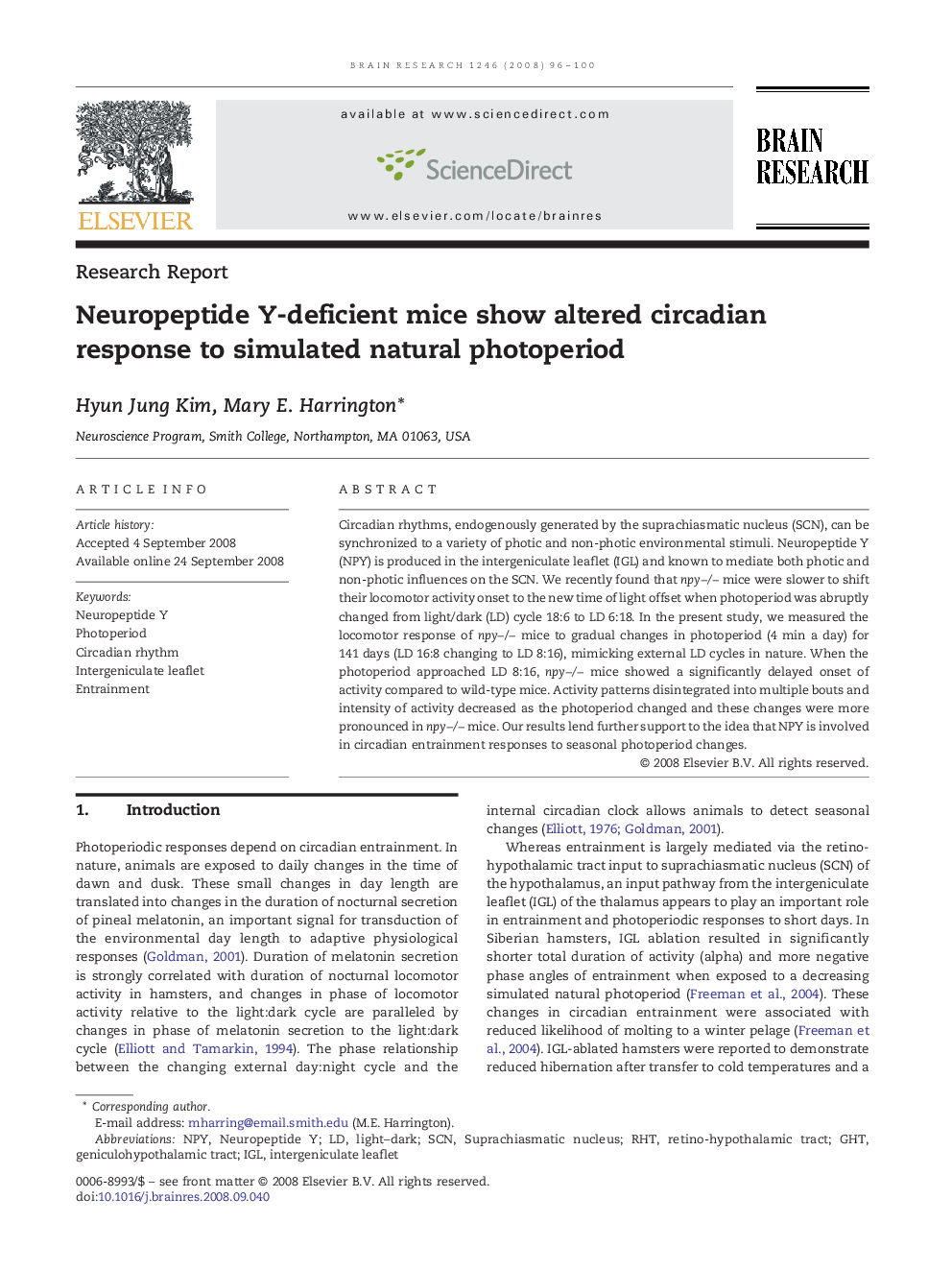 Neuropeptide Y-deficient mice show altered circadian response to simulated natural photoperiod