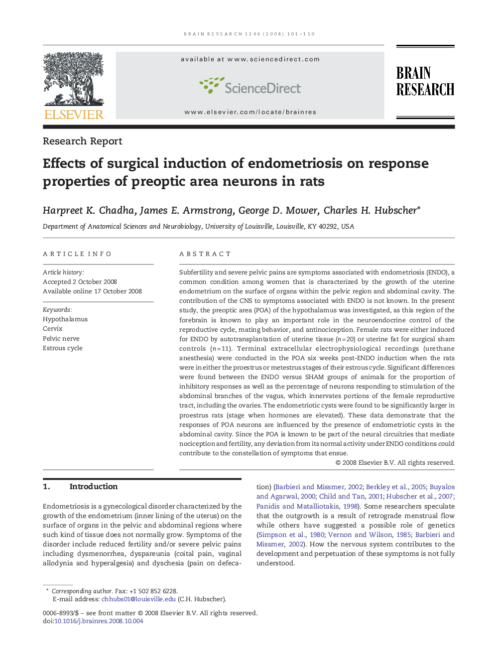 Effects of surgical induction of endometriosis on response properties of preoptic area neurons in rats