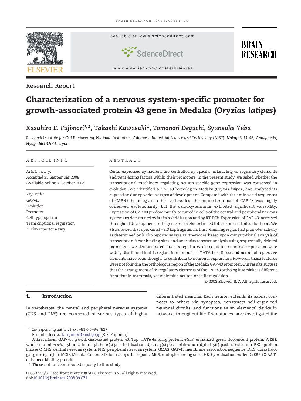 Characterization of a nervous system-specific promoter for growth-associated protein 43 gene in Medaka (Oryzias latipes)