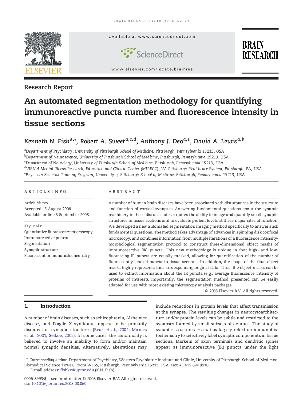 An automated segmentation methodology for quantifying immunoreactive puncta number and fluorescence intensity in tissue sections