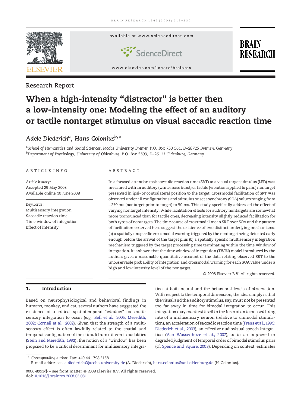 When a high-intensity “distractor” is better then a low-intensity one: Modeling the effect of an auditory or tactile nontarget stimulus on visual saccadic reaction time