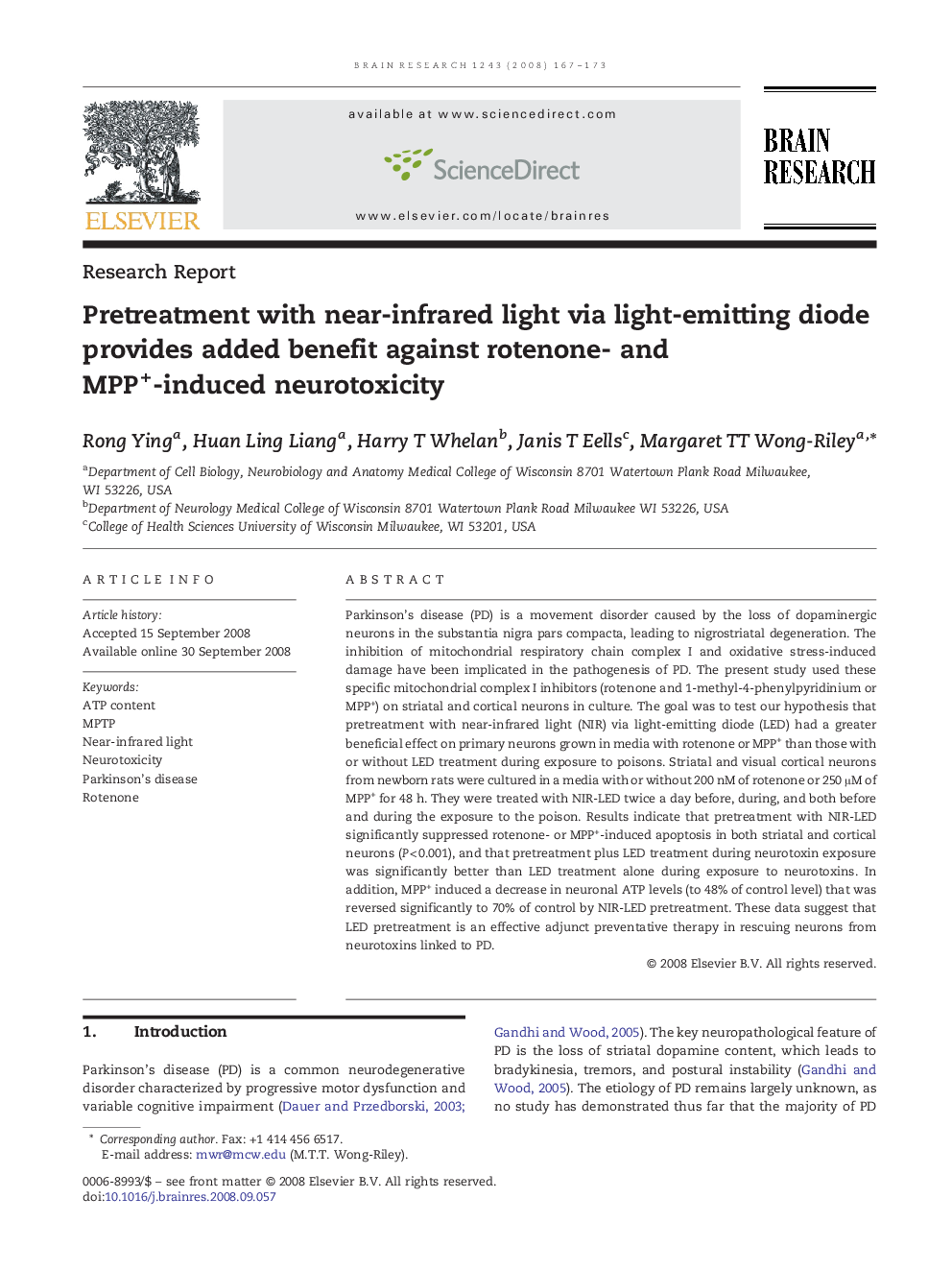 Pretreatment with near-infrared light via light-emitting diode provides added benefit against rotenone- and MPP+-induced neurotoxicity