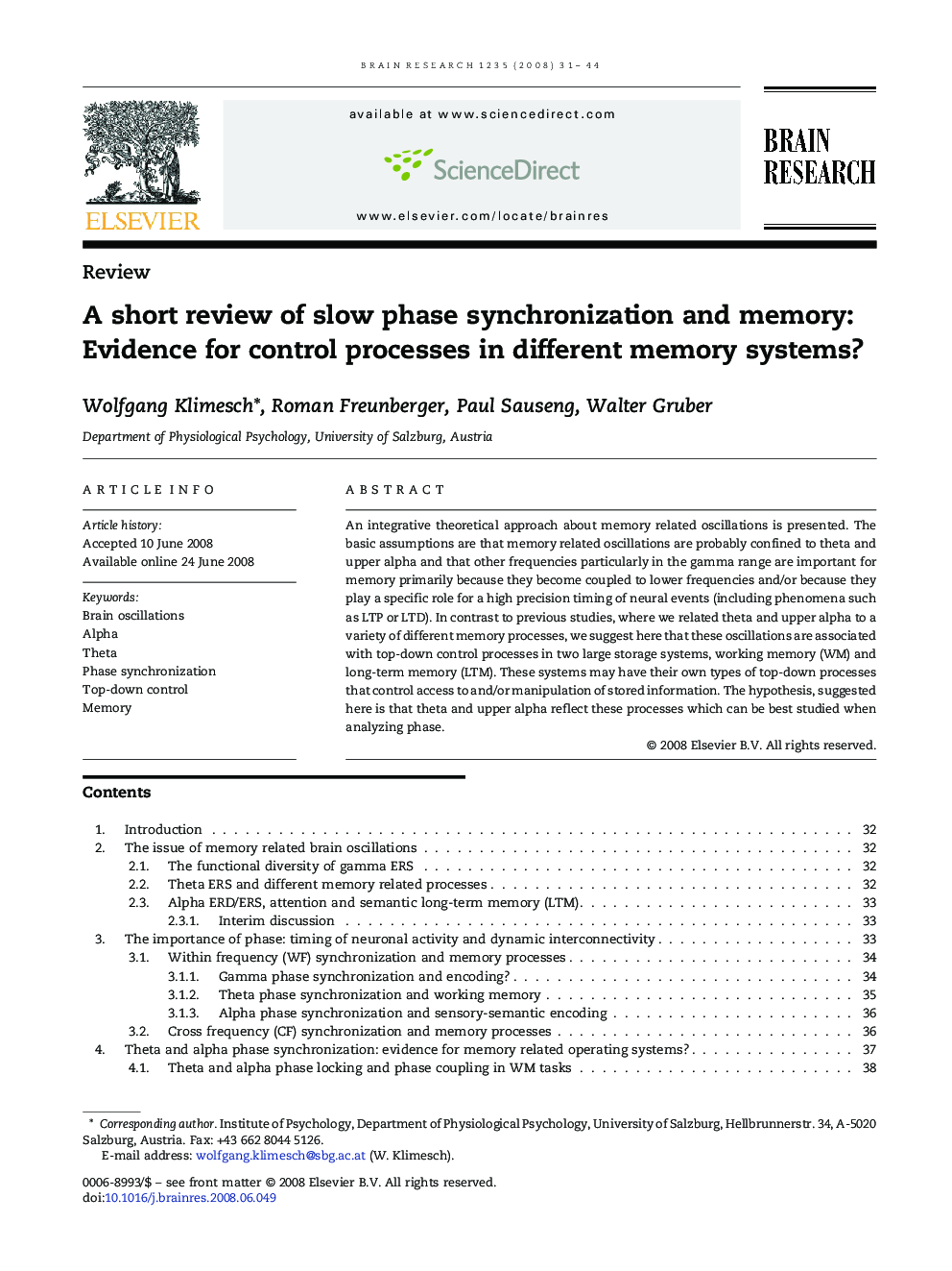 A short review of slow phase synchronization and memory: Evidence for control processes in different memory systems?