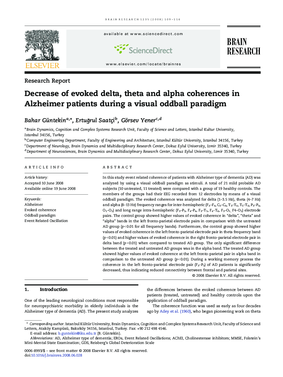 Decrease of evoked delta, theta and alpha coherences in Alzheimer patients during a visual oddball paradigm