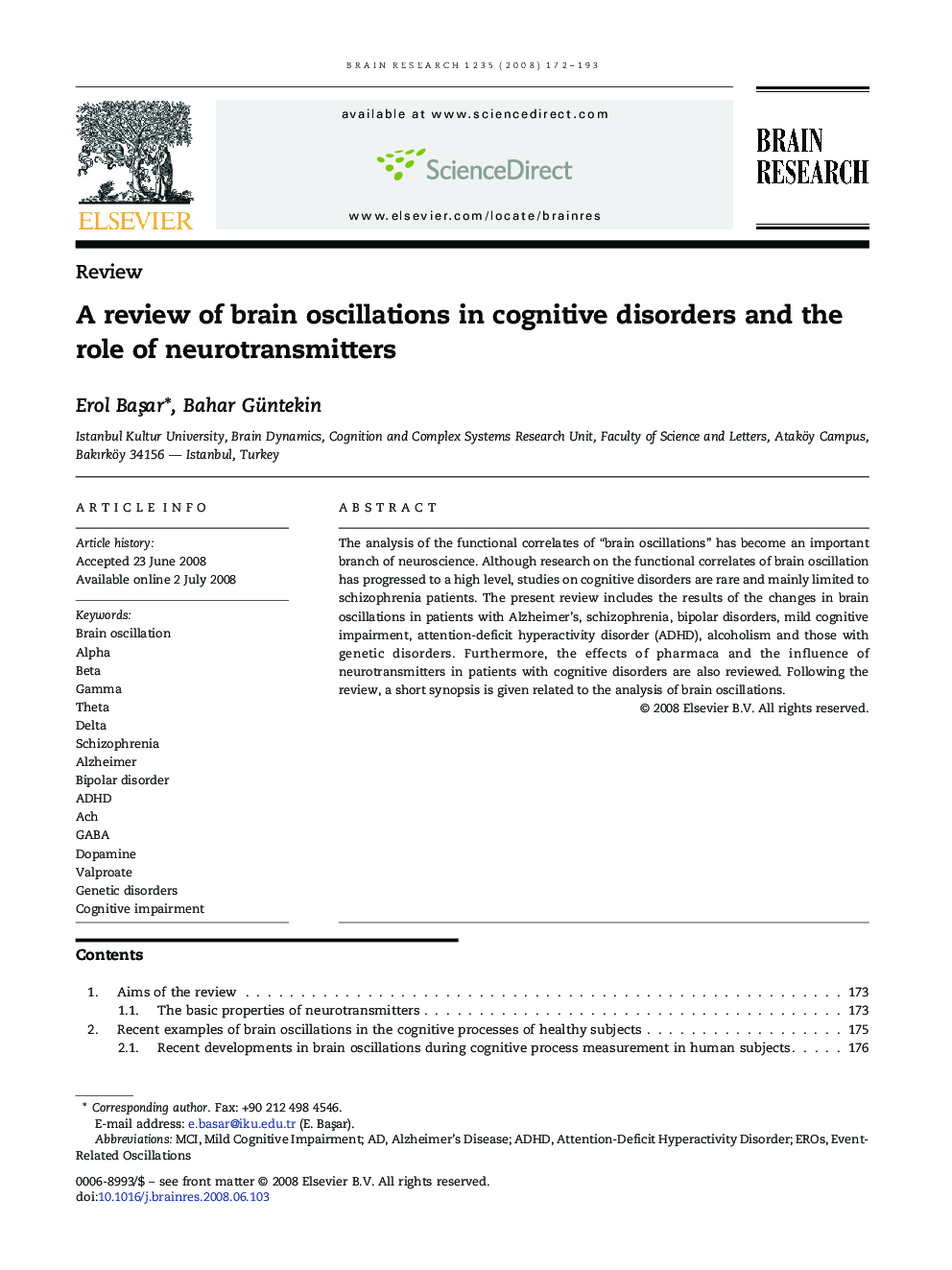 A review of brain oscillations in cognitive disorders and the role of neurotransmitters