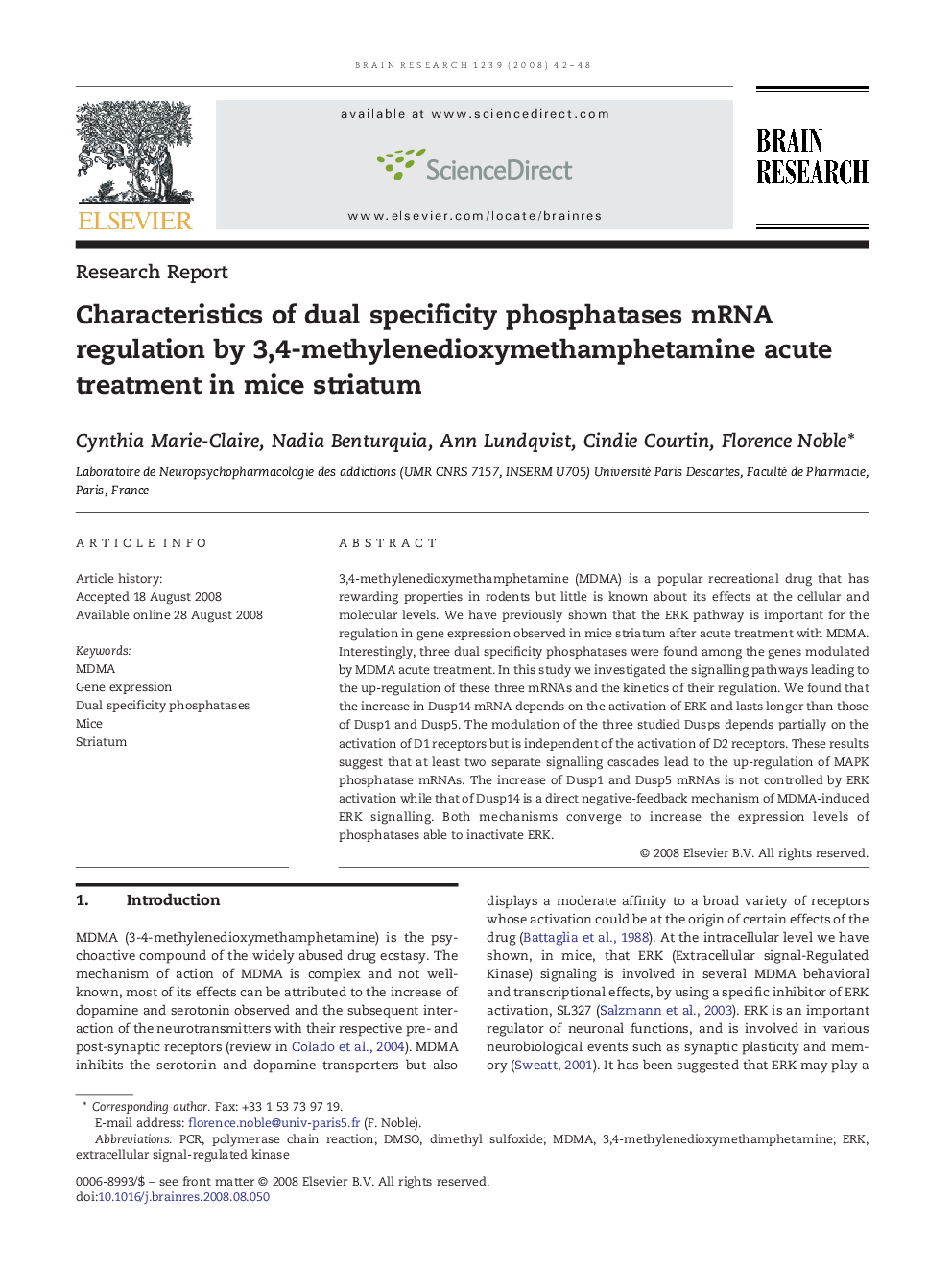 Characteristics of dual specificity phosphatases mRNA regulation by 3,4-methylenedioxymethamphetamine acute treatment in mice striatum