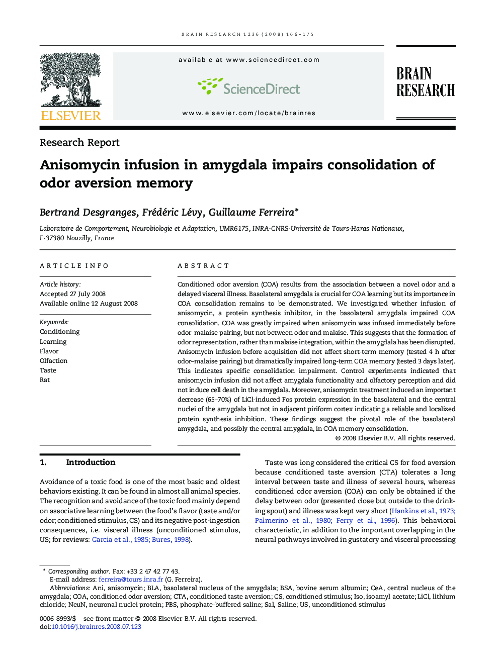 Anisomycin infusion in amygdala impairs consolidation of odor aversion memory
