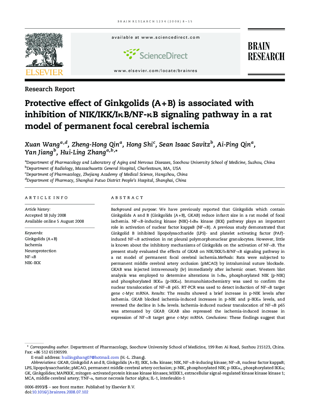 Protective effect of Ginkgolids (AÂ +Â B) is associated with inhibition of NIK/IKK/IÎºB/NF-ÎºB signaling pathway in a rat model of permanent focal cerebral ischemia