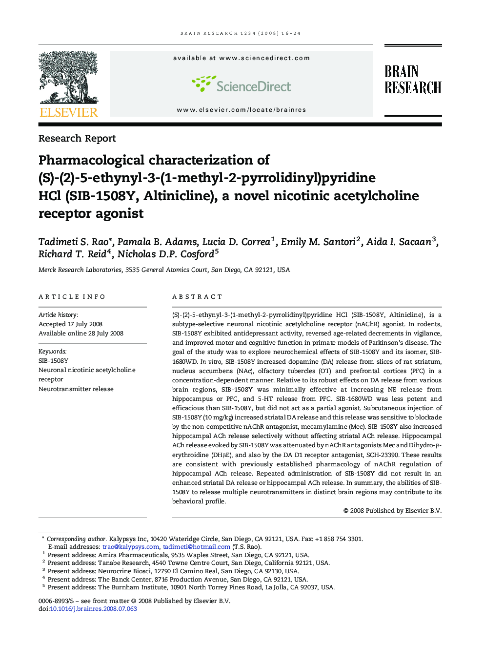 Pharmacological characterization of (S)-(2)-5-ethynyl-3-(1-methyl-2-pyrrolidinyl)pyridine HCl (SIB-1508Y, Altinicline), a novel nicotinic acetylcholine receptor agonist