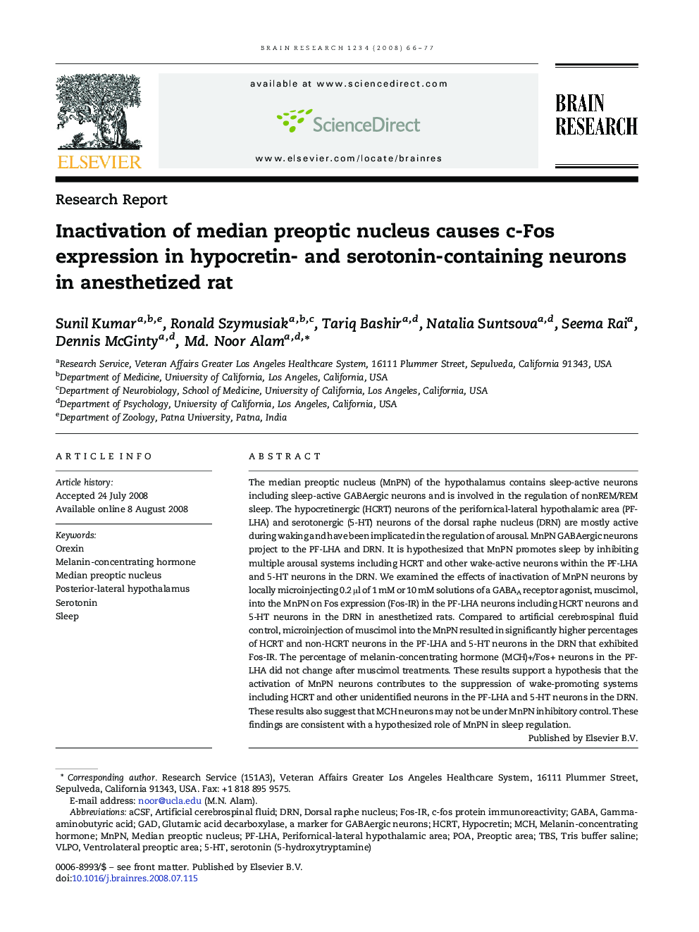 Inactivation of median preoptic nucleus causes c-Fos expression in hypocretin- and serotonin-containing neurons in anesthetized rat