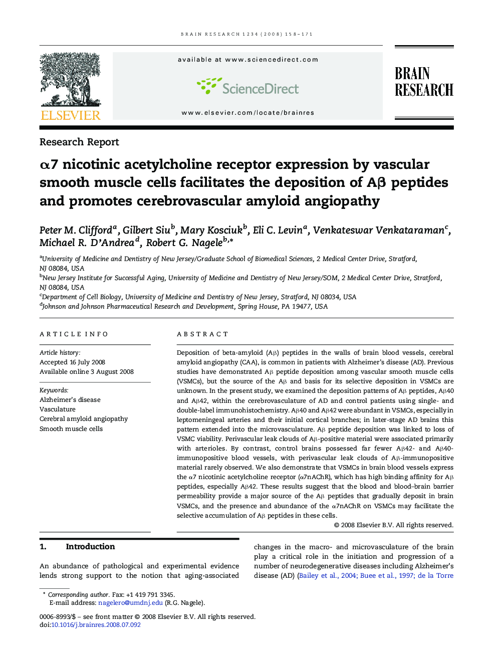 Î±7 nicotinic acetylcholine receptor expression by vascular smooth muscle cells facilitates the deposition of AÎ² peptides and promotes cerebrovascular amyloid angiopathy