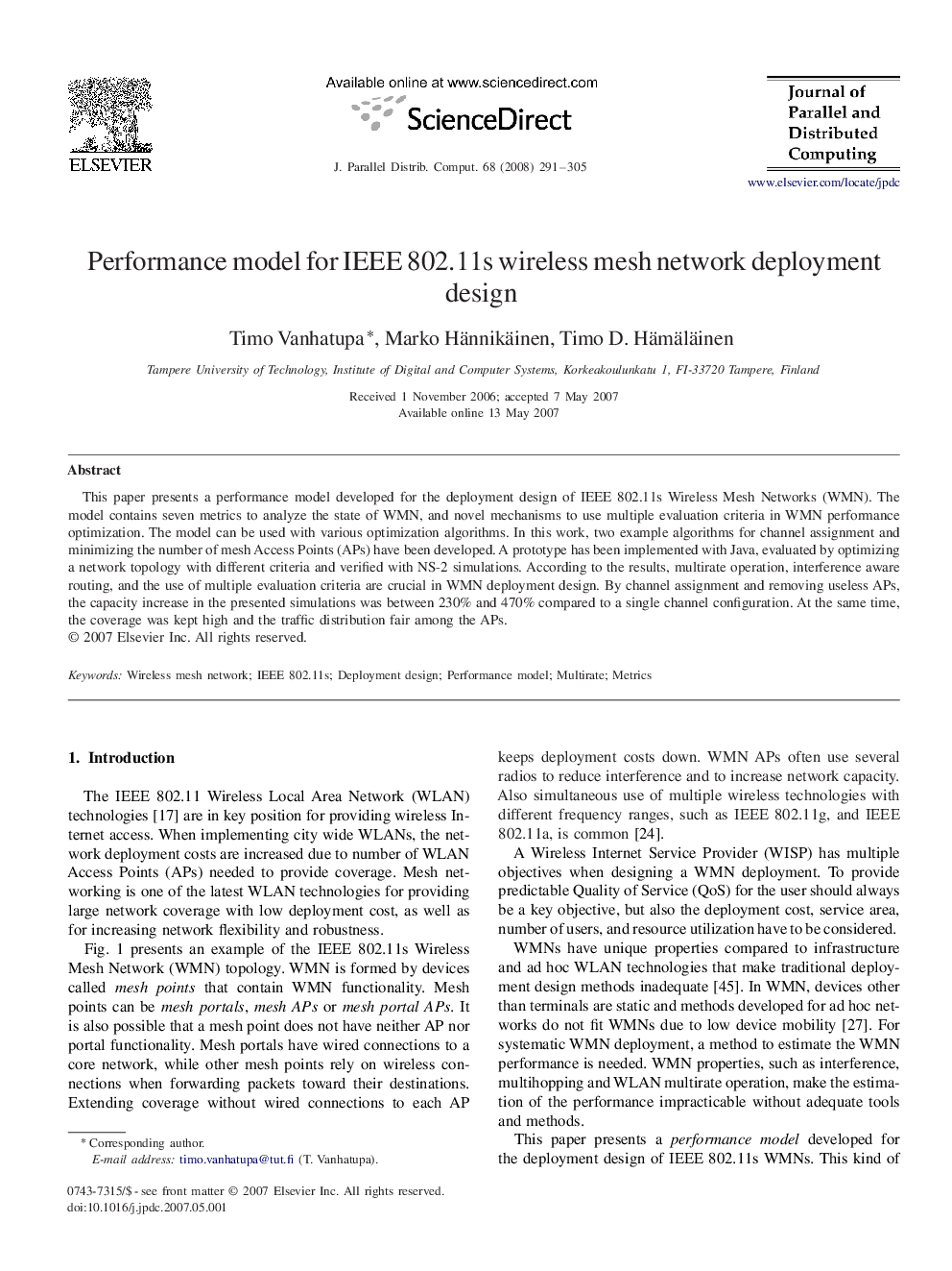 Performance model for IEEE 802.11s wireless mesh network deployment design