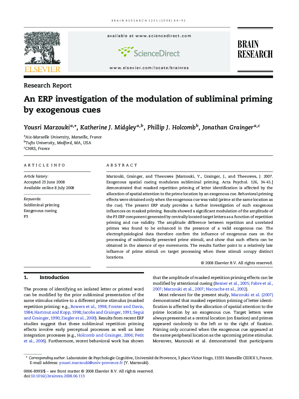 An ERP investigation of the modulation of subliminal priming by exogenous cues