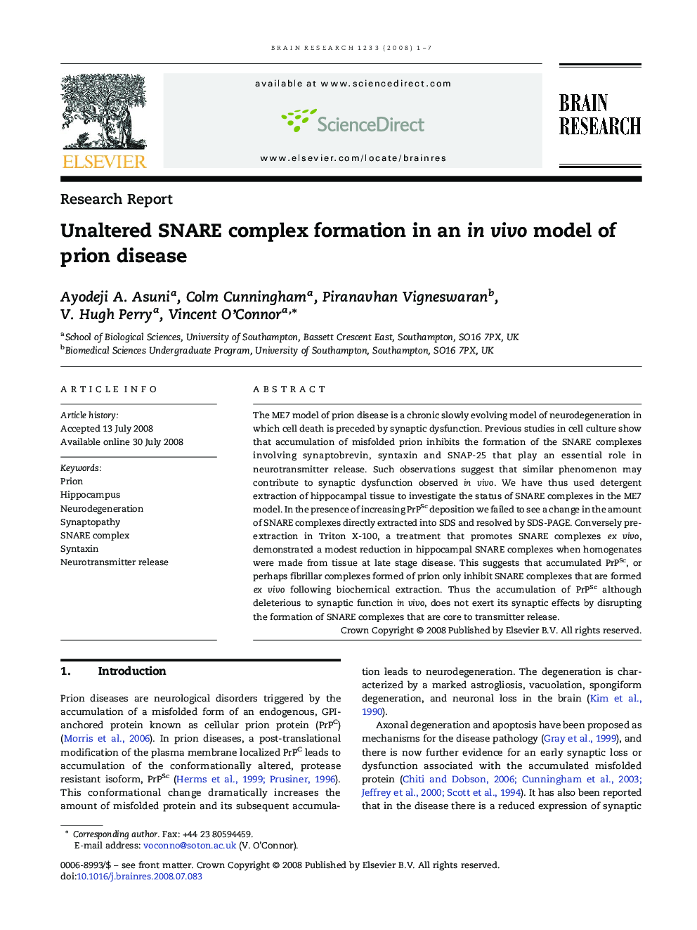 Unaltered SNARE complex formation in an in vivo model of prion disease