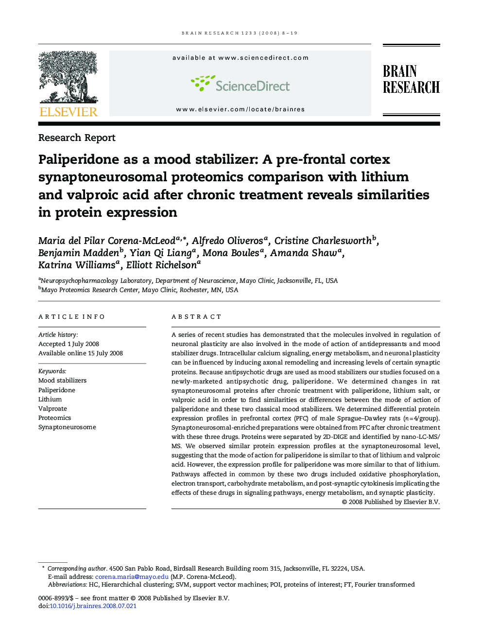 Paliperidone as a mood stabilizer: A pre-frontal cortex synaptoneurosomal proteomics comparison with lithium and valproic acid after chronic treatment reveals similarities in protein expression