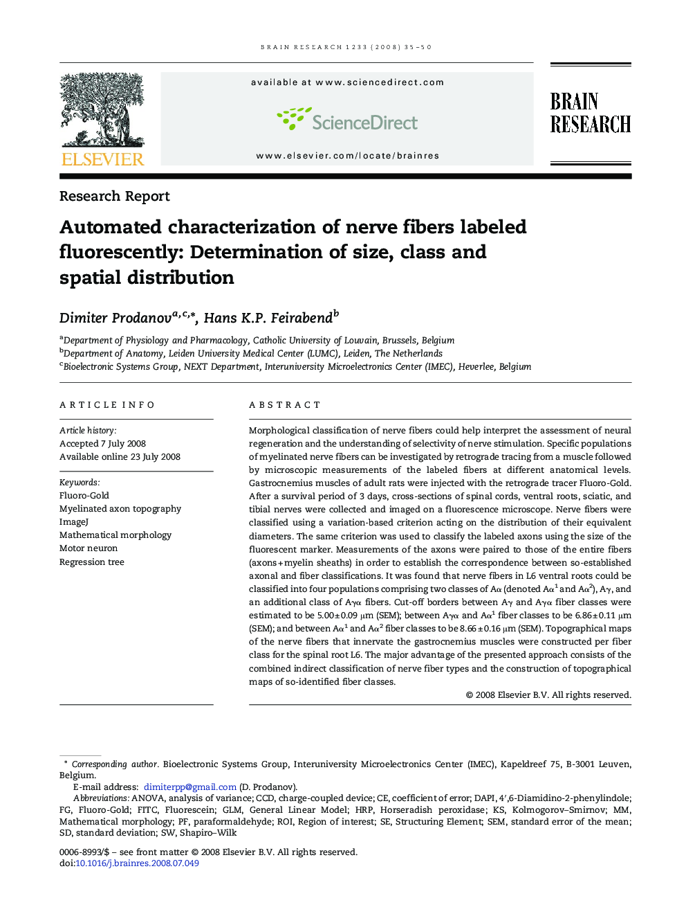 Automated characterization of nerve fibers labeled fluorescently: Determination of size, class and spatial distribution
