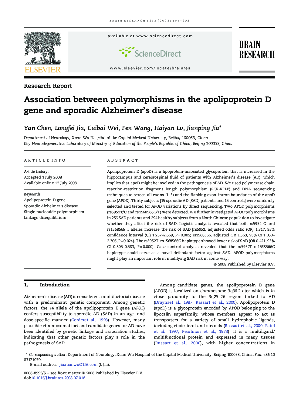 Association between polymorphisms in the apolipoprotein D gene and sporadic Alzheimer's disease