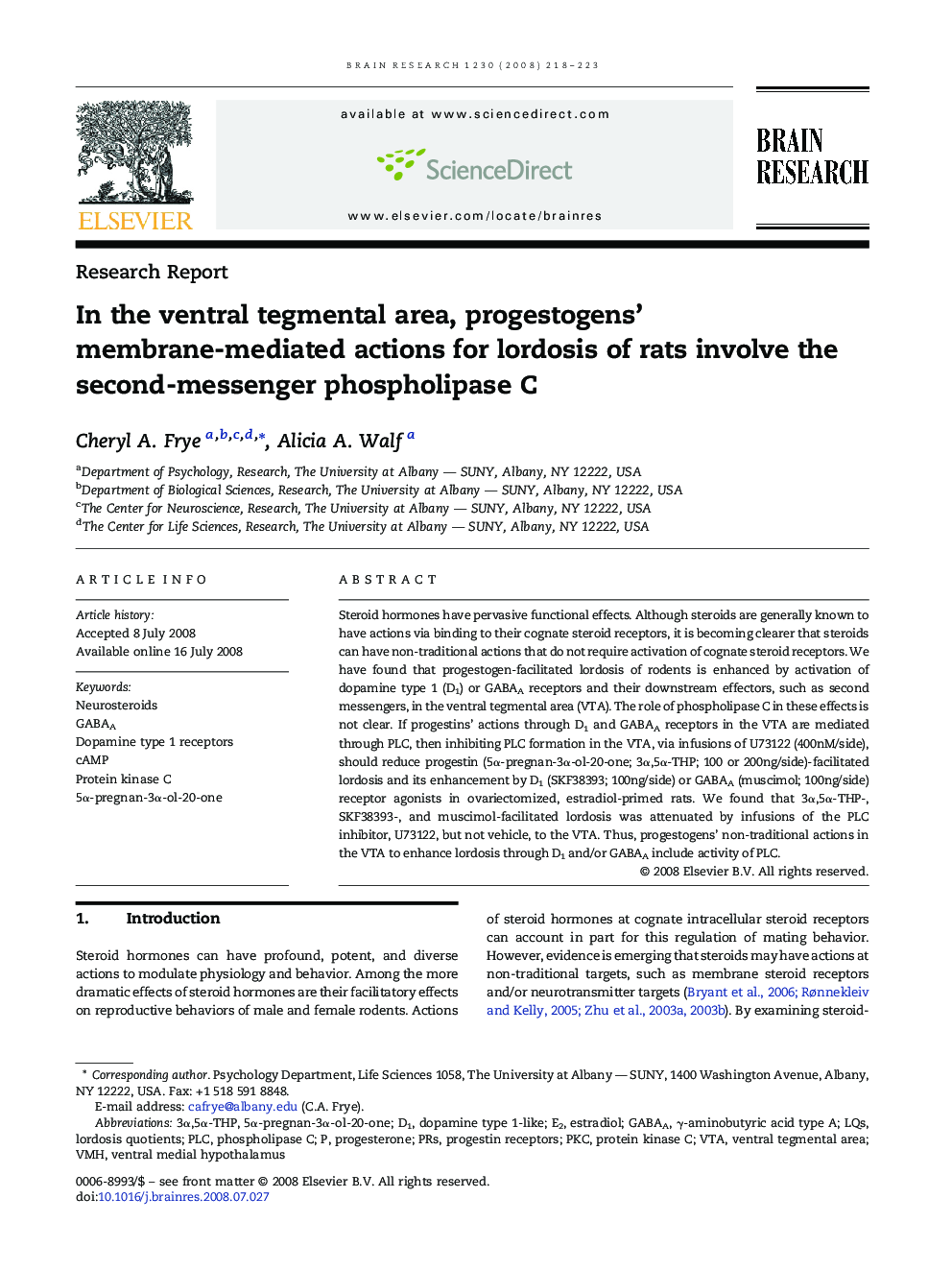 In the ventral tegmental area, progestogens' membrane-mediated actions for lordosis of rats involve the second-messenger phospholipase C