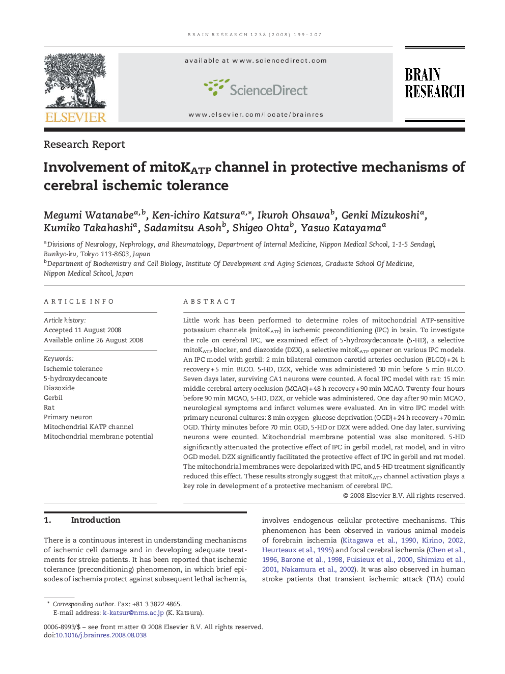 Involvement of mitoKATP channel in protective mechanisms of cerebral ischemic tolerance