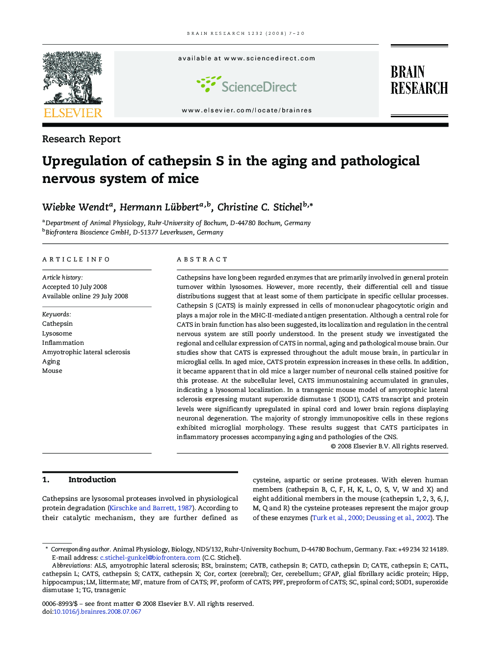 Upregulation of cathepsin S in the aging and pathological nervous system of mice