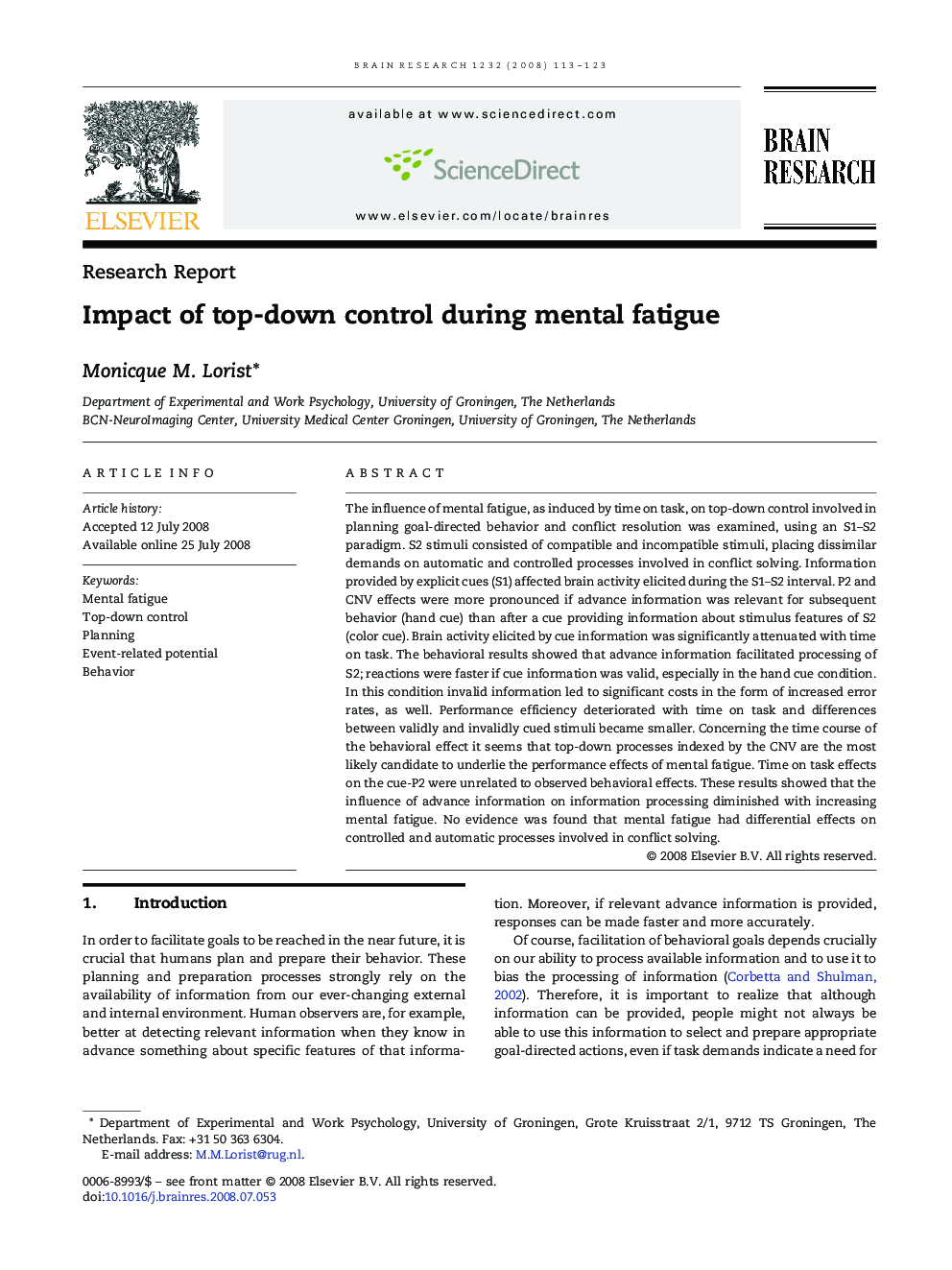 Impact of top-down control during mental fatigue