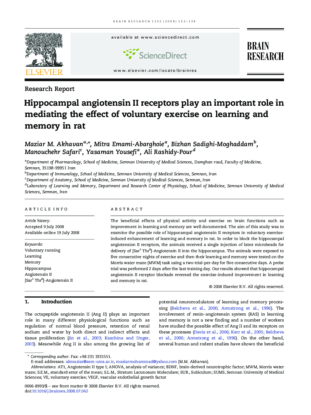 Hippocampal angiotensin II receptors play an important role in mediating the effect of voluntary exercise on learning and memory in rat