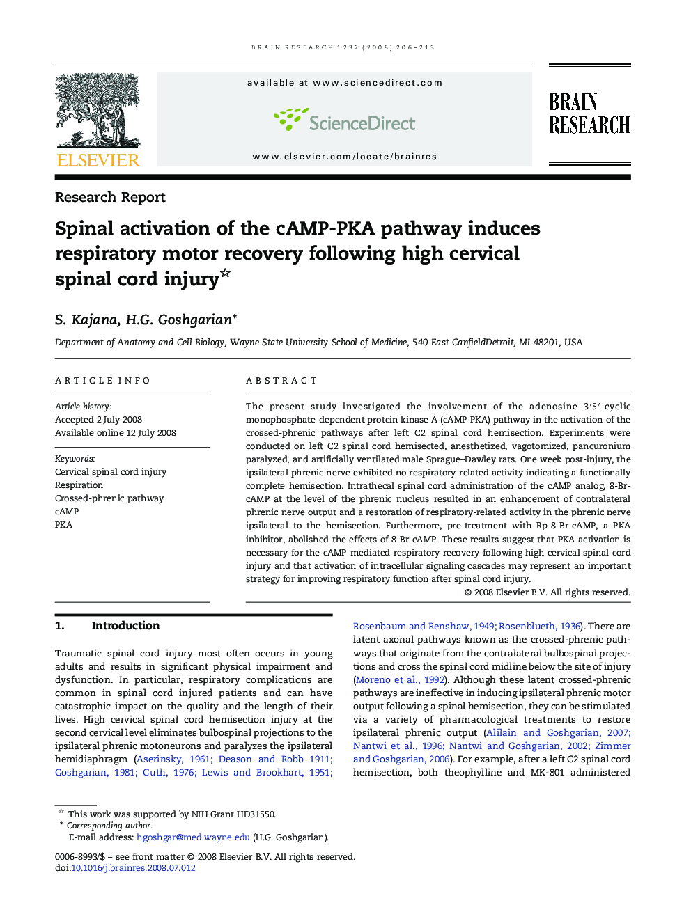 Spinal activation of the cAMP-PKA pathway induces respiratory motor recovery following high cervical spinal cord injury