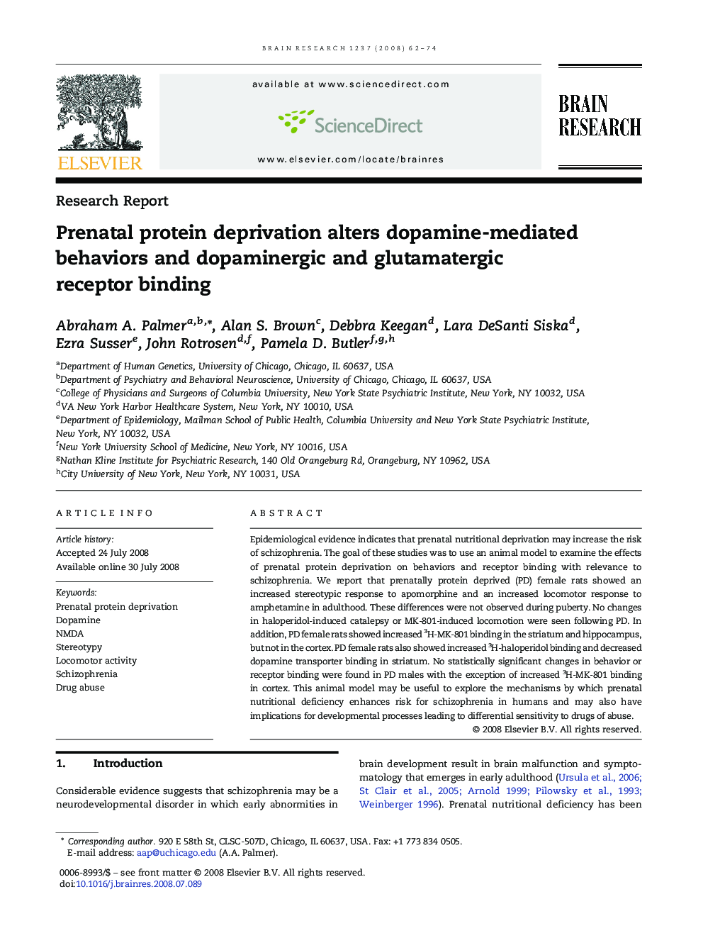 Prenatal protein deprivation alters dopamine-mediated behaviors and dopaminergic and glutamatergic receptor binding