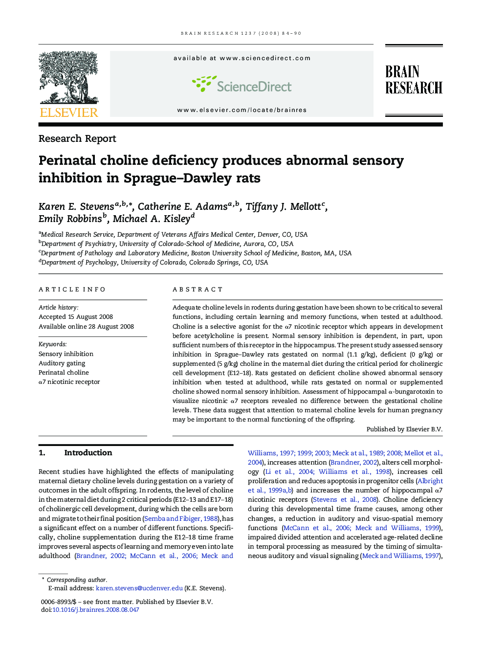 Perinatal choline deficiency produces abnormal sensory inhibition in Sprague–Dawley rats