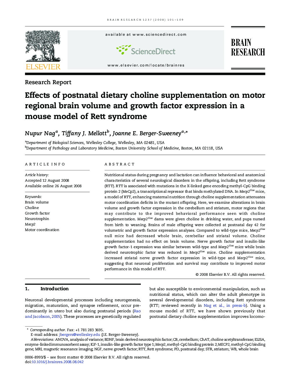 Effects of postnatal dietary choline supplementation on motor regional brain volume and growth factor expression in a mouse model of Rett syndrome