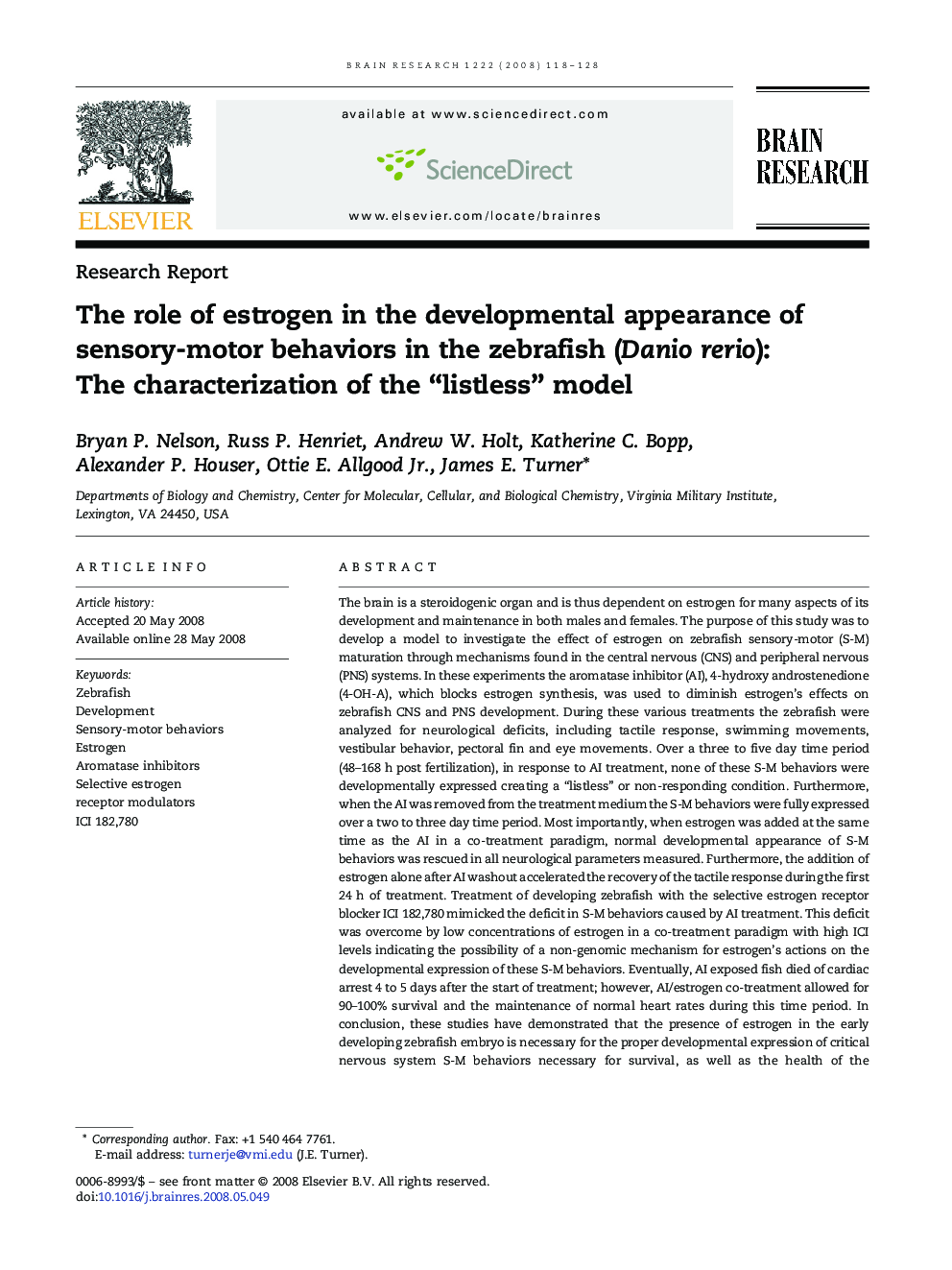 The role of estrogen in the developmental appearance of sensory-motor behaviors in the zebrafish (Danio rerio): The characterization of the “listless” model