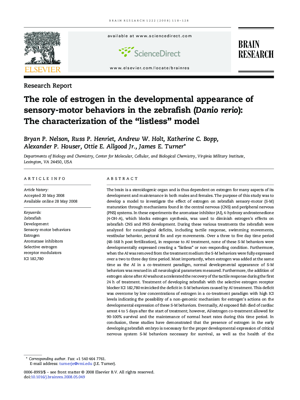 عکس صفحه اول مقاله: The role of estrogen in the developmental appearance of sensory-motor behaviors in the zebrafish (Danio rerio): The characterization of the “listless” model The role of estrogen in the developmental appearance of sensory-motor behaviors in the zebrafish (Danio rerio): The characterization of the “listless” model