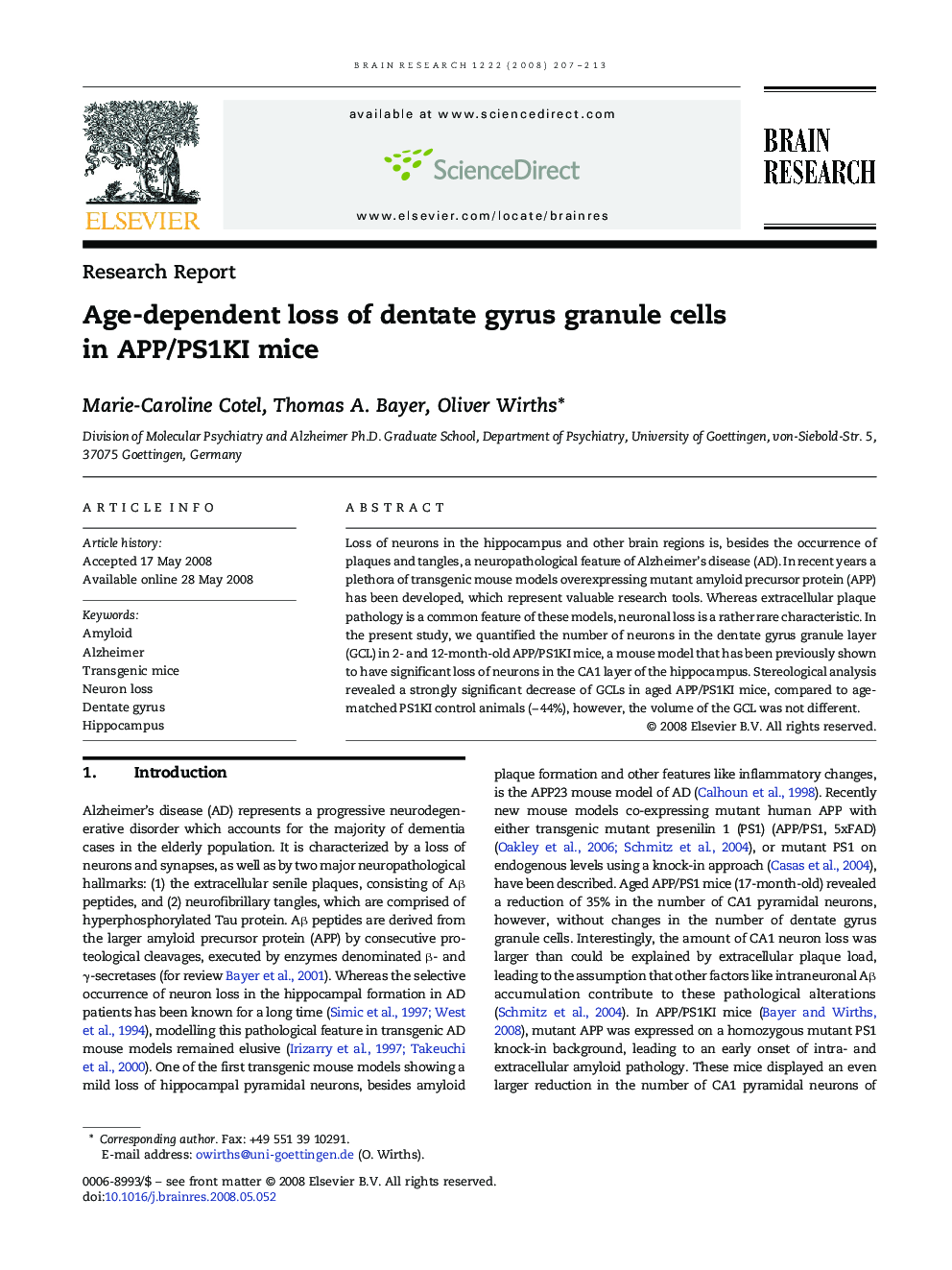 Age-dependent loss of dentate gyrus granule cells in APP/PS1KI mice