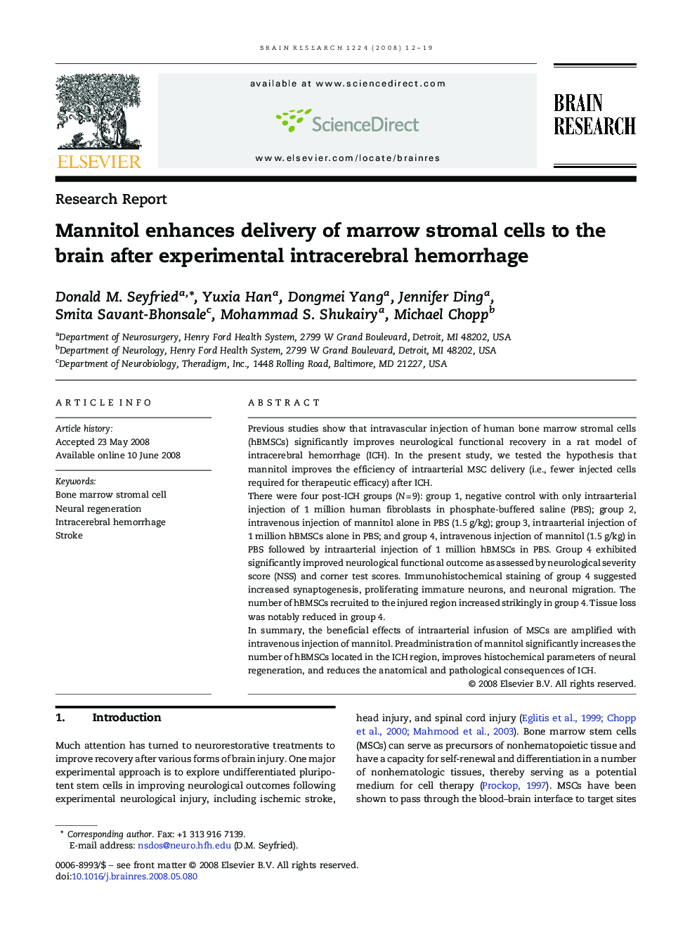 Mannitol enhances delivery of marrow stromal cells to the brain after experimental intracerebral hemorrhage