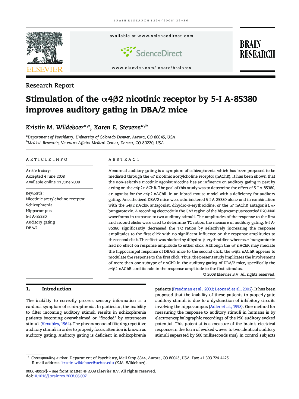 Stimulation of the α4β2 nicotinic receptor by 5-I A-85380 improves auditory gating in DBA/2 mice