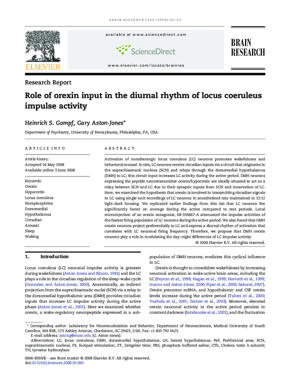 Role of orexin input in the diurnal rhythm of locus coeruleus impulse activity