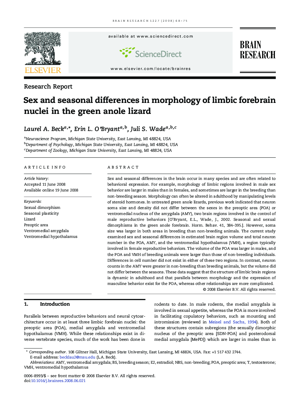 Sex and seasonal differences in morphology of limbic forebrain nuclei in the green anole lizard