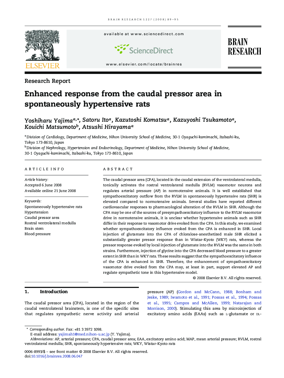 Enhanced response from the caudal pressor area in spontaneously hypertensive rats