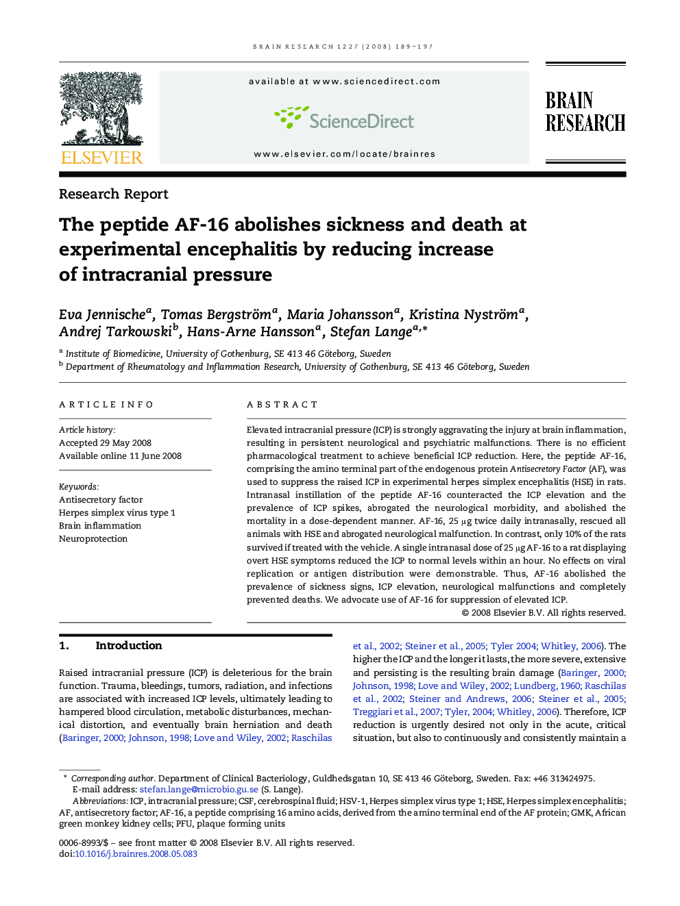 The peptide AF-16 abolishes sickness and death at experimental encephalitis by reducing increase of intracranial pressure